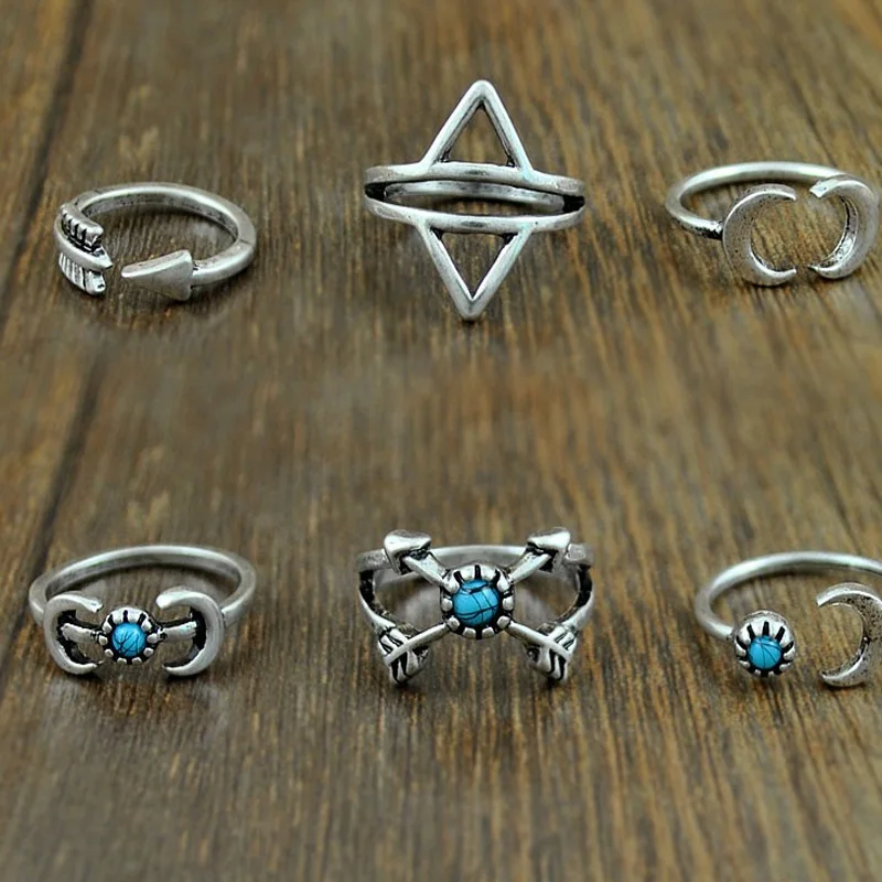 6 шт. новый стиль кольца набор панк луна стрелы кольцо античное серебро Bohomia Midi для