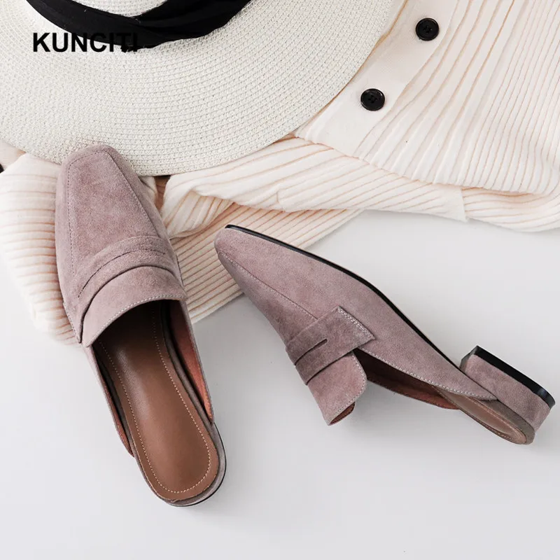 Г., KUNCITI mules женская кожаная обувь Мокасины без шнуровки, женские лоферы на низком каблуке с круглым носком, удобные тапочки S44
