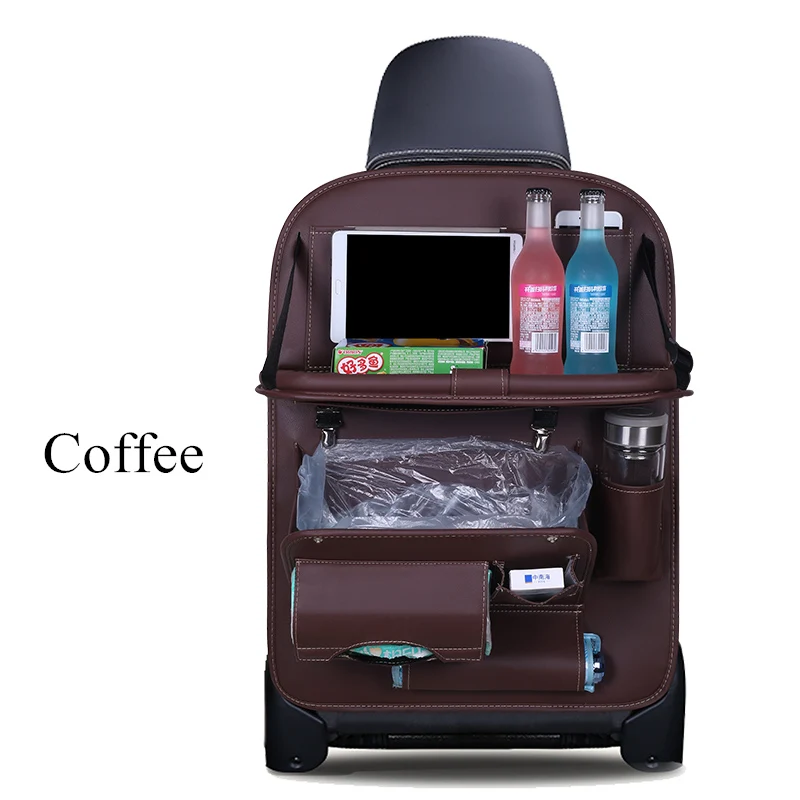coffee Органайзер для хранения на заднем сиденье автомобиля из искусственной кожи, складная сумка для обеденного стола, поднос для путешествий, подвесная сумка-Органайзер с сумками для мусора - Название цвета: coffee