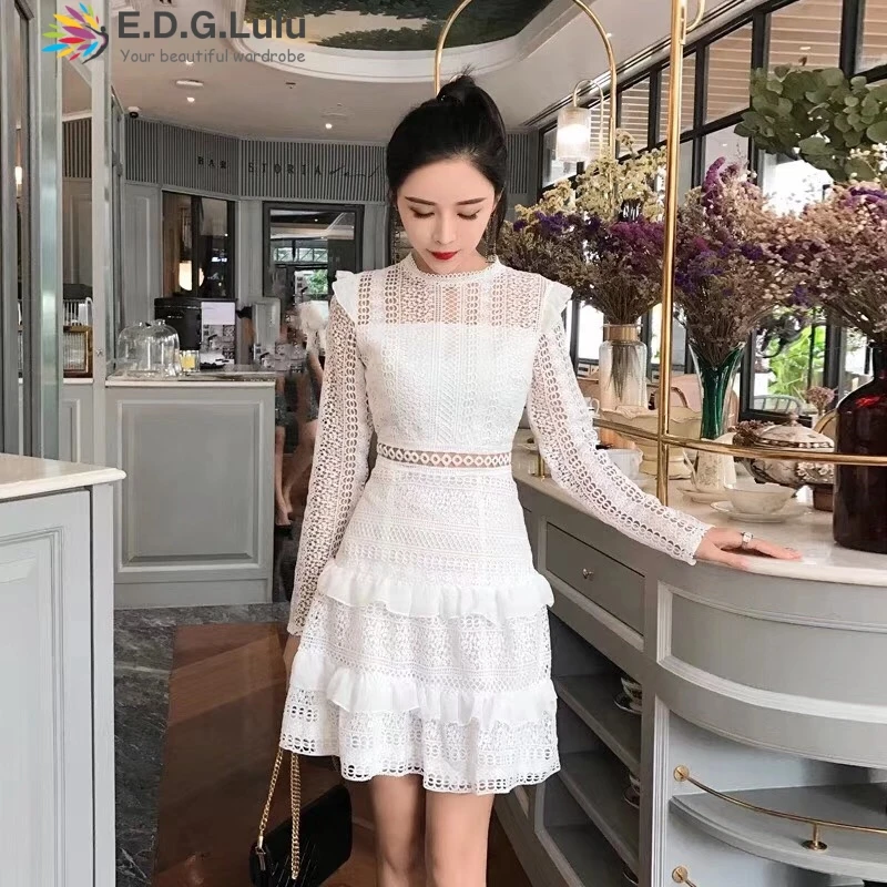 

EDGLulu lace dress white Korean elegant long sleeve chiffon springrunway miniwoman thanks 2019 high quality see through dress