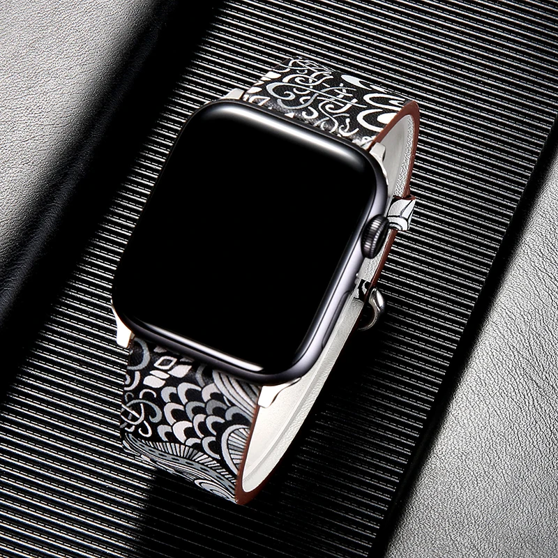 black 44 мм 40 мм ремешок для apple watch ремешок китайский стиль кожаный ремешок 42 мм 38 мм correa aple watch iwatch series 4 3 2 1 Аксессуары - Цвет ремешка: black