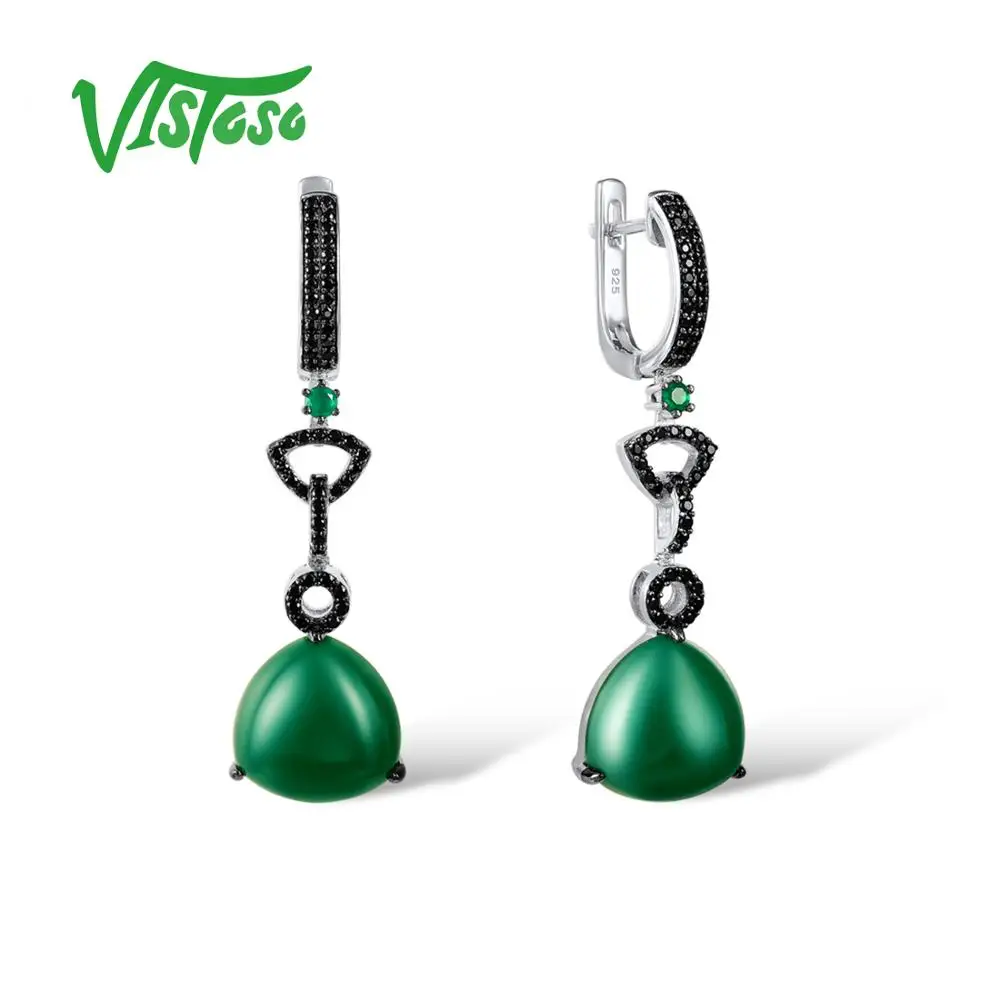 VISTOSO 925 висячие серьги из серебра пробы ювелирные круглые крашеные зеленый агат