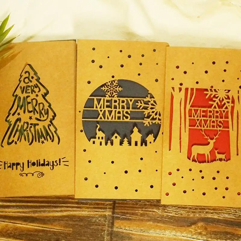 10 шт./лот крафт бумага веселая Рождественская открытка лазерная резка полый