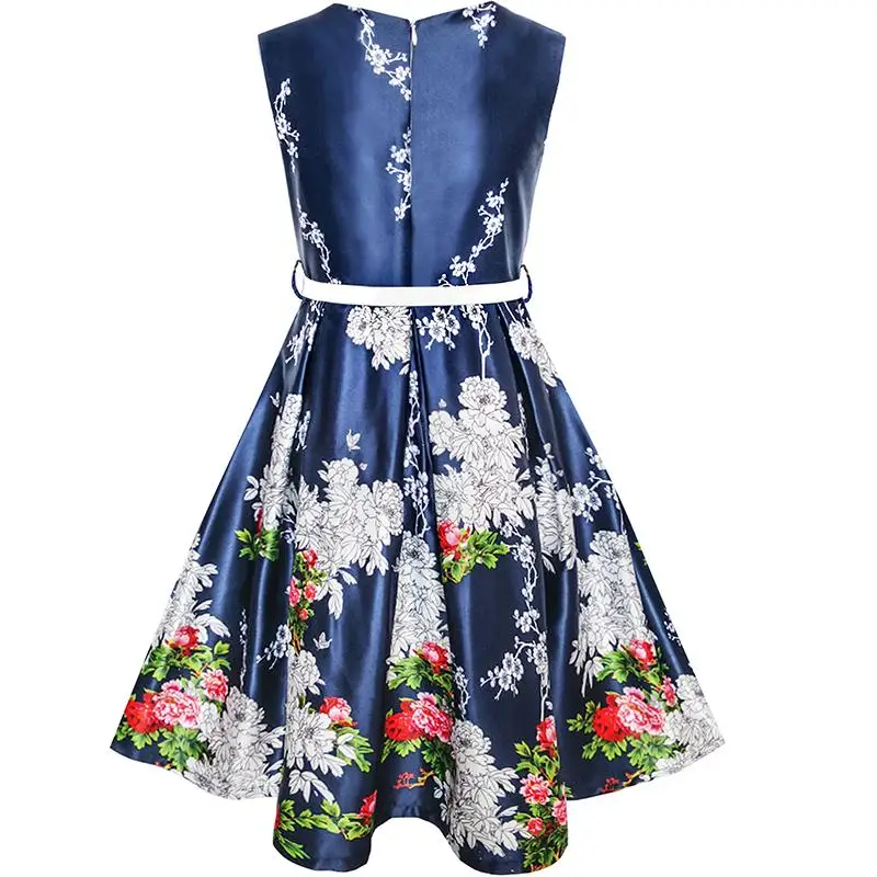 Girls Dress Navy Blue Flower Belt Vintage Party Sundress 2020 Summer Princess Wedding Dresses Clothes Size 6-14 Carnival | Детская