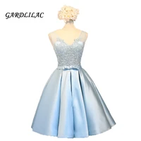 women short prom dress 2021 light blue satin appliques bridesmaid dresses bow short evening homecoming wedding party dress g057