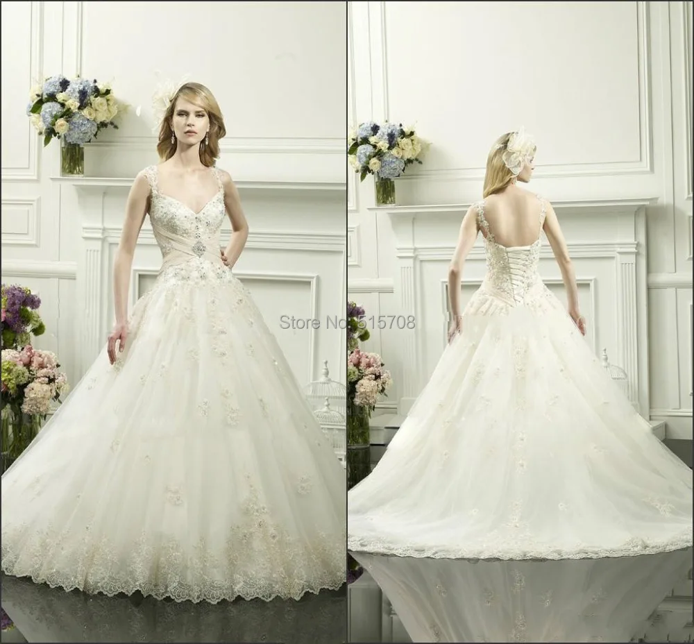 

Vintage Wedding Dresses A line Beaded Lace V Neck Spaghetti Straps Ruched Bodice Lace Up Low Back Custom Made Bridal Gowns