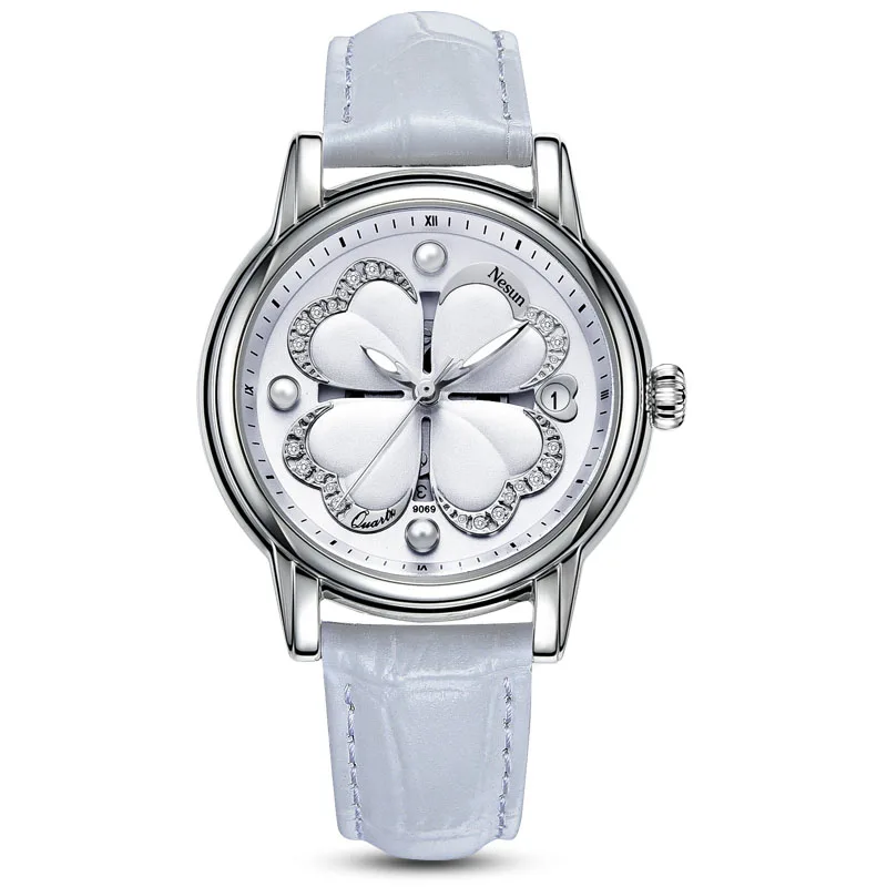 Silver-leather-2 Nesun модные керамические женские часы с браслетом люксовый бренд розовое золото женские часы с бриллиантамы Стильный дизайнерский Серебряный Relogio Femino - Цвет: Silver-leather-2