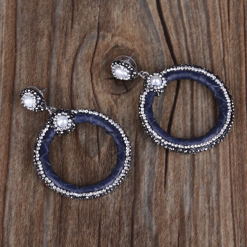 Hollow Big Loop Black White Rhinestone Charms Dark Blue Leather Natural Freshwater Pearl Studs Top Dangle Earrings For Women