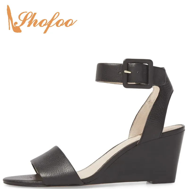 

Shofoo Sandal Black/Silver Solid Buckle Strap Super High Wedges Heels Ankle-Wrap Back Strap Leisure Fashion Concise 2021 Summer