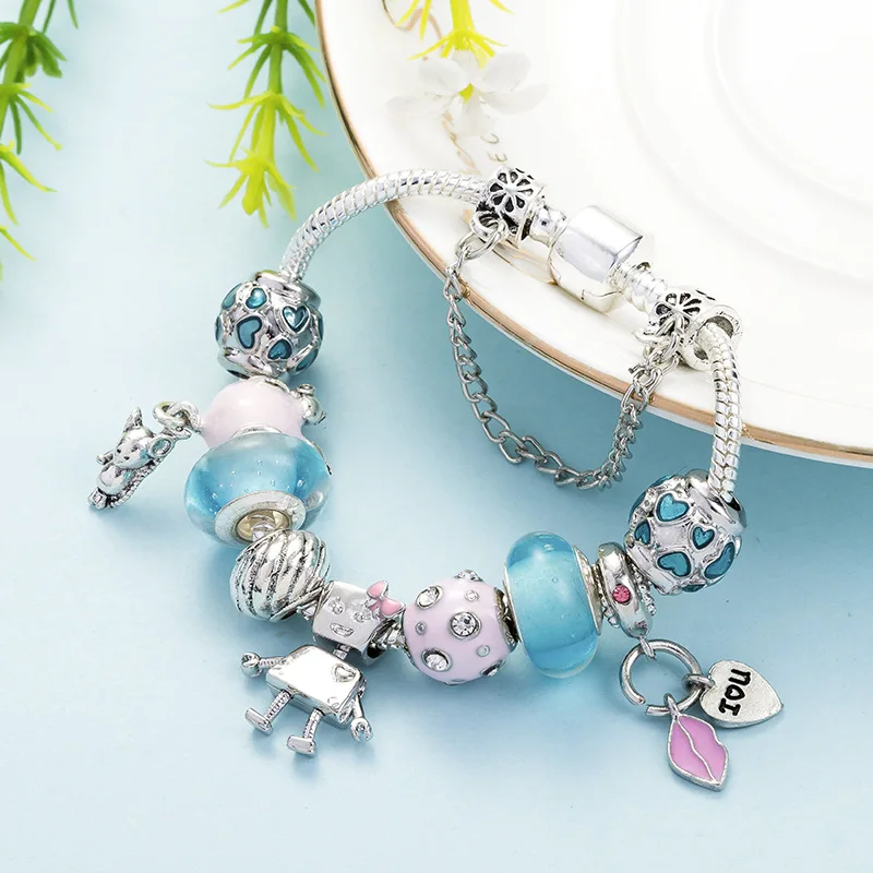 Kawaii bella bot robot pink heart beads оригинальные браслеты с сердечками очаровательные модные