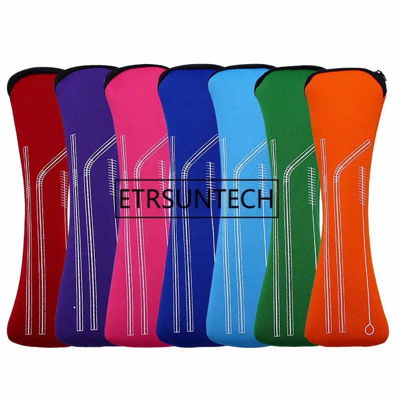

100pcs/lot Colorful Portable Neoprene Drink Straw Bag with zipper Reusable Drinking Straw Bag Travel Camping Storage Bag