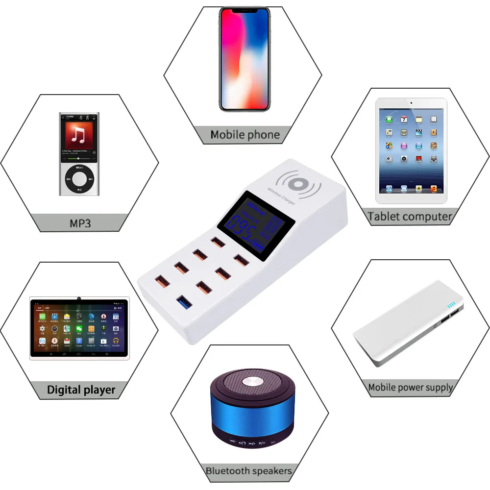 8 портовый ЖК USB адаптер питания зарядное устройство Беспроводное для iPhone iPad и