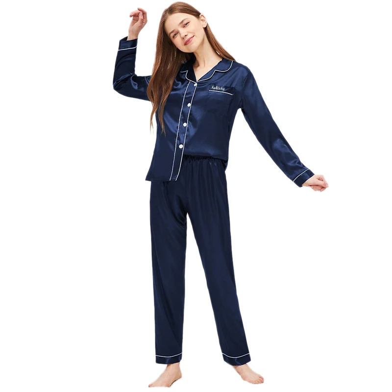Dotfashion, однотонный контрастный Атласный пижамный комплект на пуговицах,, повседневные пижамы для женщин, весна-лето, ночная рубашка с длинным рукавом