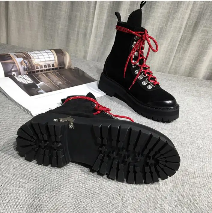 leather inside Женские ботильоны на среднем каблуке; Botas Mujer; обувь на платформе со шнуровкой; женская кожаная удобная обувь; Zapatos De Mujer; sapato feminino - Цвет: leather inside