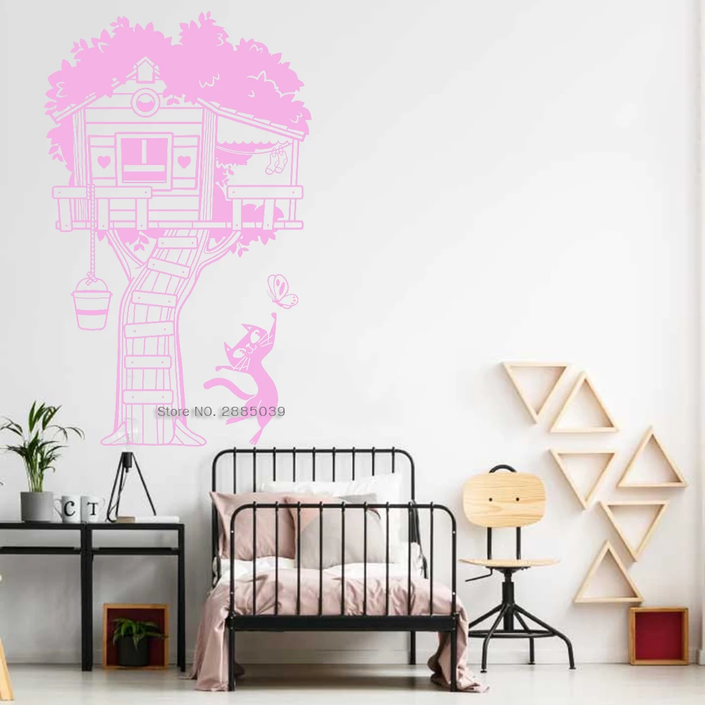 Наклейка на стену в виде домика с деревом и кошки наклейка для детской спальни