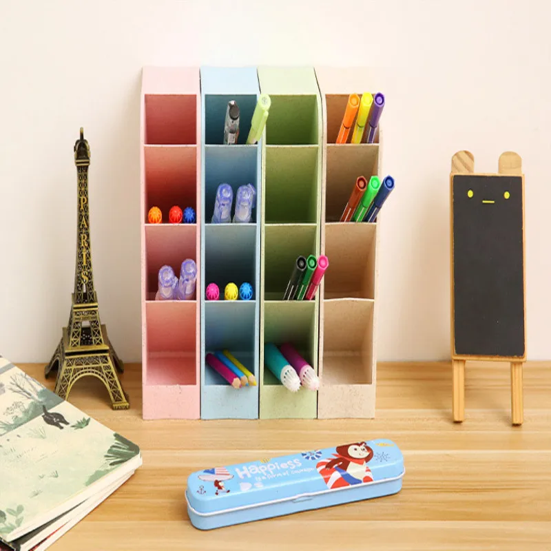 

Four Grid Multifunction Wheat Straw Storage Box Compartment Standing Wall Hanging Pen Holder Jewelry Box desktop organization