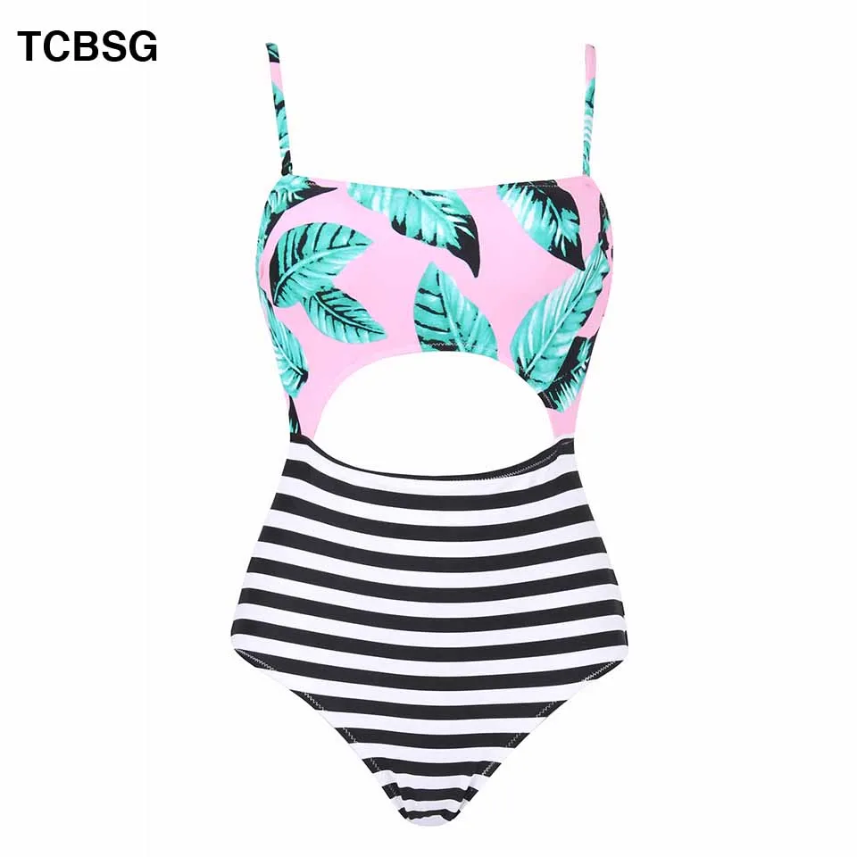 TCBSG One Piece Swimsuit 2019 Sexy Women Bodysuit Striped Bathing Swim Vintage Summer Beach Wear Print Bandage Monokini | Спорт и