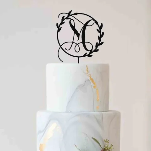 Монограмма М буквы металлический торт Топпер | Cursive Зеркальный Блеск Серебряный торт Топпер | Оригинальный Деревянный индивидуальный свадебный торт