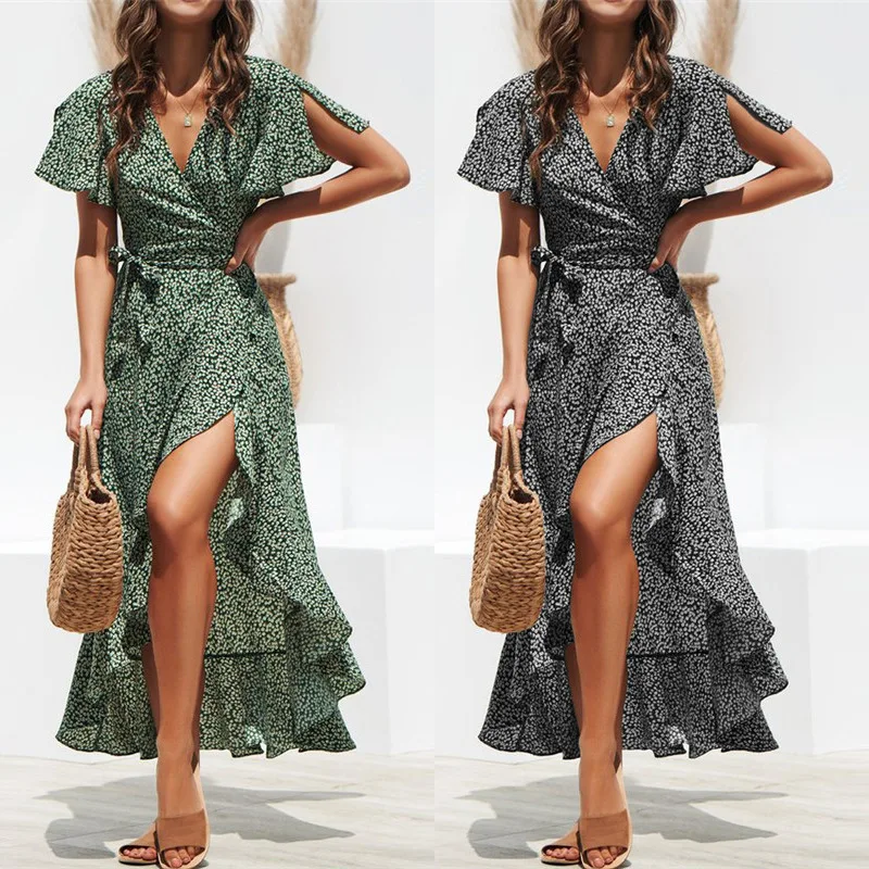 Летнее пляжное платье 2019 женские Цветочный принт шифоновое в стиле бохо длина