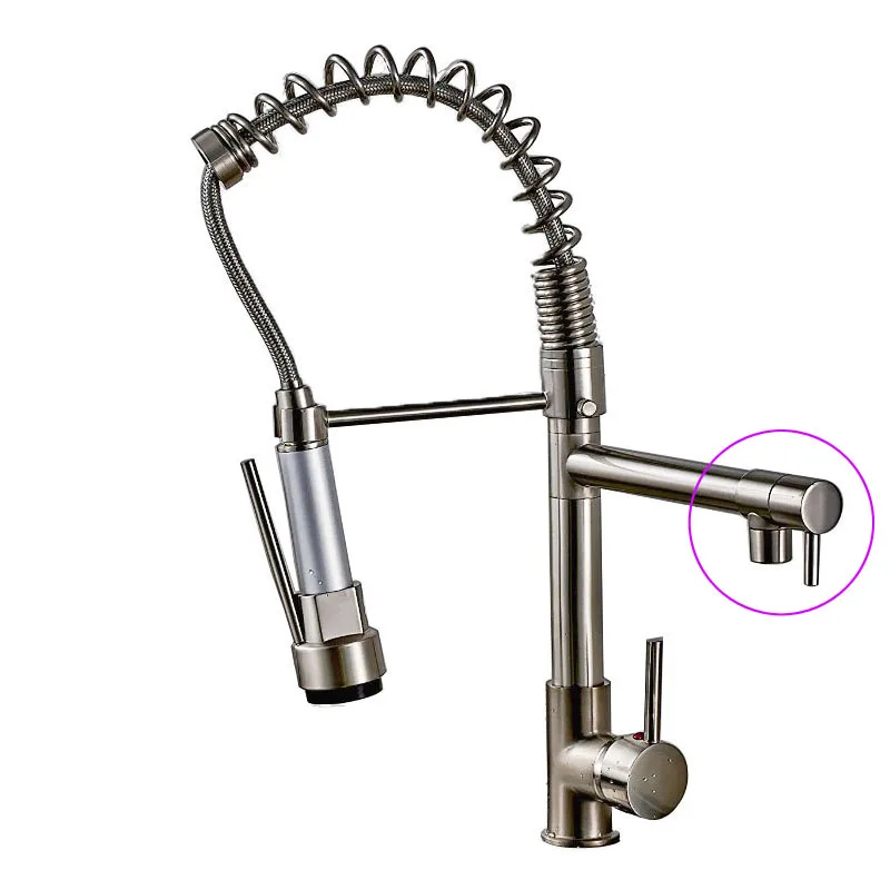 Brushed Nickel A Хромированный кран для кухонной раковины с двойным носиком, пружинный смеситель для кухни, кухонный кран для горячей и холодной воды - Цвет: Brushed Nickel A