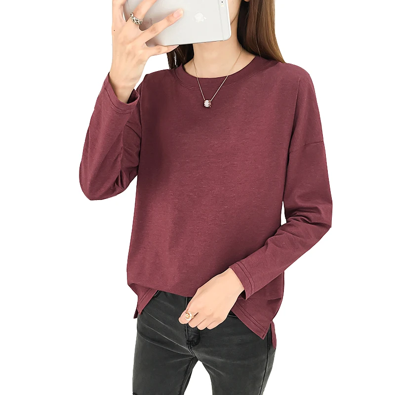 

S~2XL Women Top Fashion 2019 New Spring Autumn T-Shirts Solid Long Sleeve Round Neck Loose Cotton Bottoming T-shirt Women ZW162