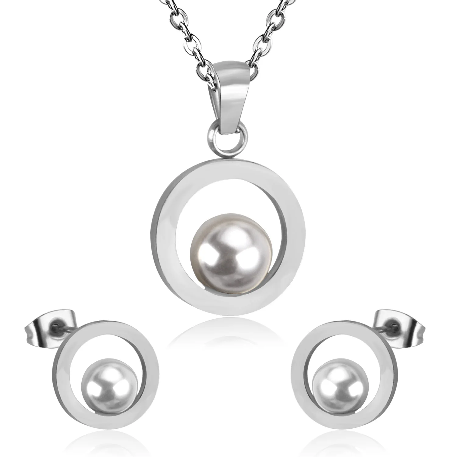 Комплект из колье и серёг LUXUSTEEL нержавеющей стали с круглым искусственным