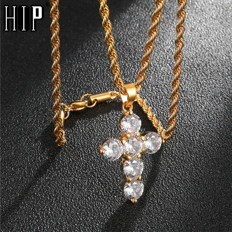 Хип хоп Iced Out Bling из нержавеющей стали крест ожерелья и подвески золотой цвет для