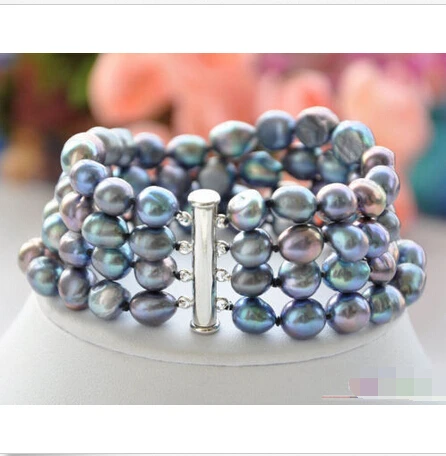 

4row 8" 8-9mm NATURE BLACK BAROQUE freshwater pearl BRACELET