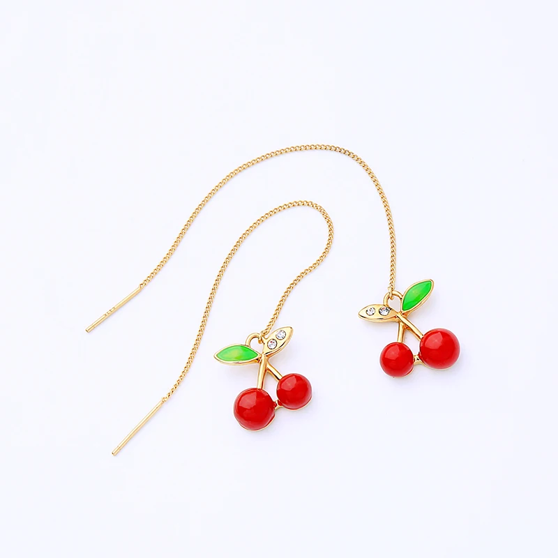Charm Zircon Sweet Fruit Red Cherry Long Earrings For Women Lovely Ear Line Threader Best Gift Fashion Jewelry | Украшения и