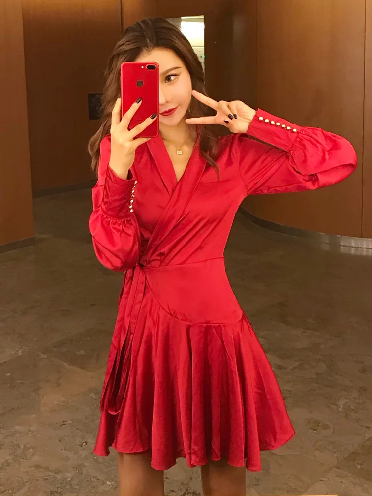 Elegant Silk Satin Dress Women Sexy V Neck Lantern Sleeve Ruffle Sash Mini Wrap Dress Ladies A Line Long Sleeve Dress Vestido