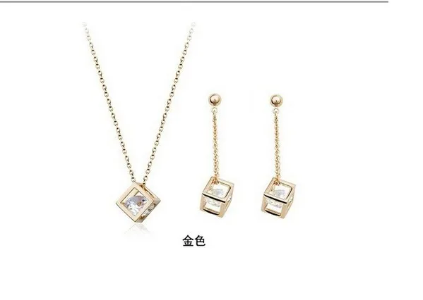 2014 new arrival!! Pure copper inlay zircon jewelry suit small squares necklace &amp earrings set free shipping | Украшения и