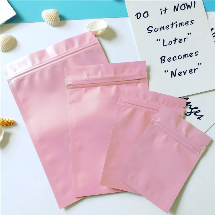 Оптовая продажа 100 шт Глянцевая розовая алюминиевая фольга на молнии упаковочная