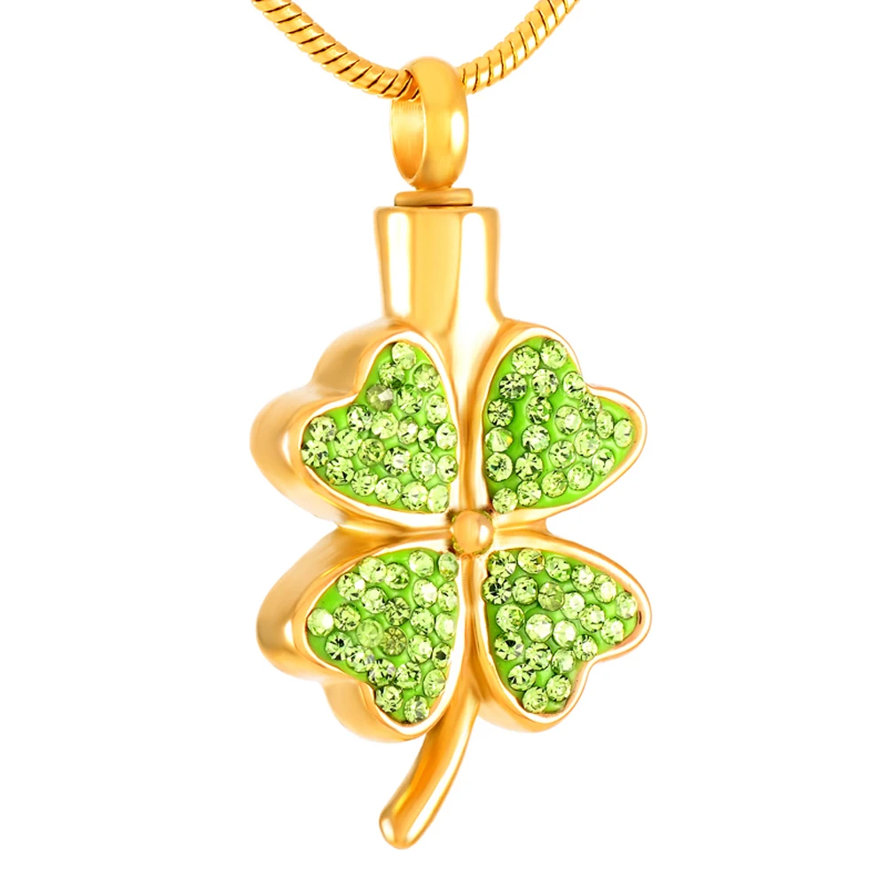 

Stainless steel Lucky Four Leaf Clover Keepsake Cremation Urn Pendant Frindship Green Rhinestone Memorial Ashes Necklace Jewelry