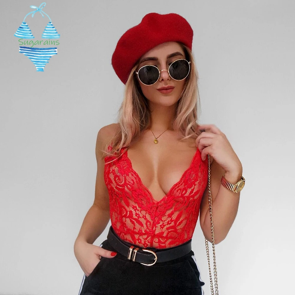 Sugarains Кружевное боди для женщин 2019 модный сексуальный элегантный holow Out Черный