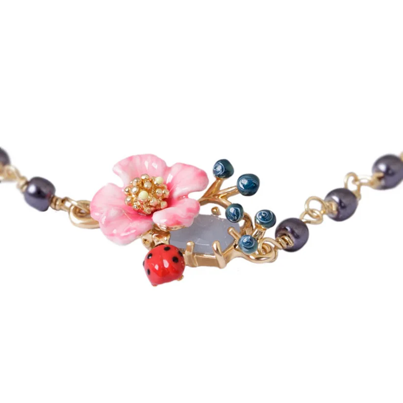 Розовое золото розовый цветок черный жемчужный браслет armbanden voor vrouwen Pulseira Feminina