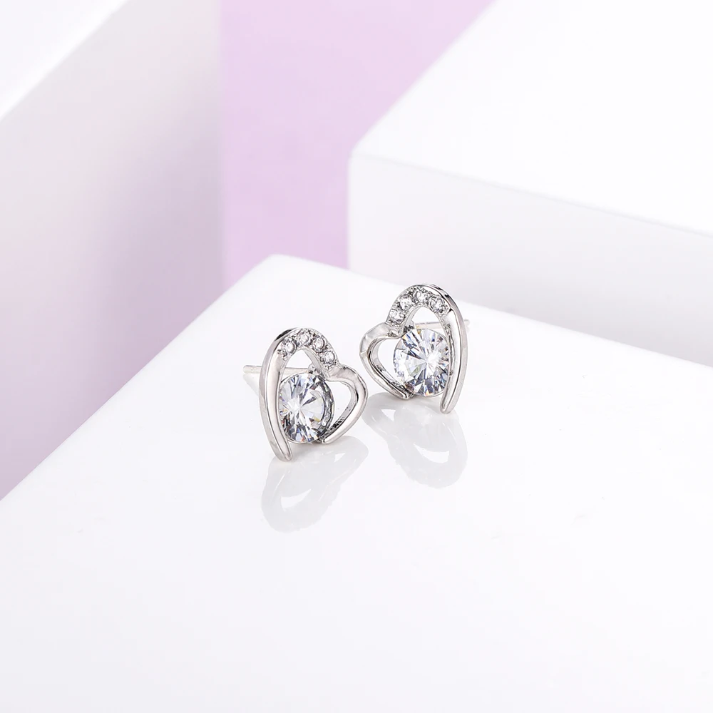 HIYONG Cute Love Heart Stud Earrings With Bright Crystal Korean Earring With Silver Color Cubic Zirconia Crystal Stone For Women |