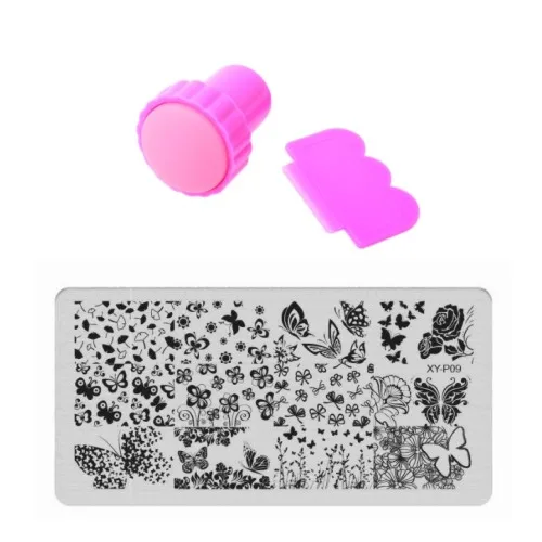 XYP09 and Stamp set Набор шаблонов для нейл-арта, тарелки для маникюра, Хэллоуина, тема из розового черепа, Нержавеющая штамповка для нейл-арта+ Сделай Сам штамп+ 1 скребок для красоты - Цвет: XYP09 and Stamp set