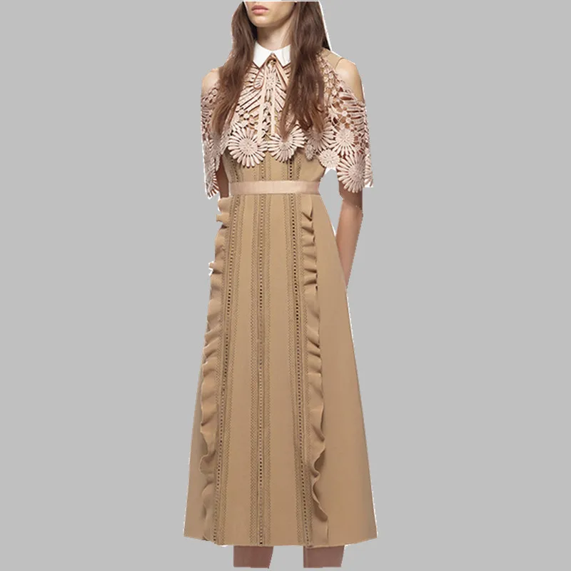 Женское длинное платье Автопортрет бежевое черное кружевное в стиле пэчворк с