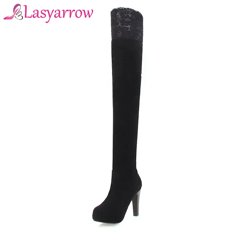 

Lasyarrow Autumn Winter Lace Thigh High Boots Fashion Sexy High Heels Platform Shoes Women Solid Black Over the Knee Boots F749
