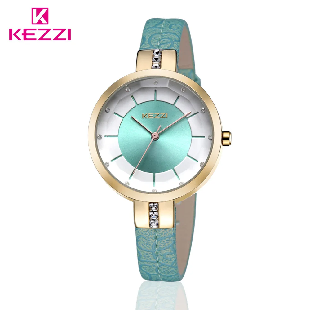 KEZZI Brand Women's Leather Strap Wrist Watches Fashion Inlay Rhinestone Simple Dial Japan Movement Quartz Ladies Watch Relogio