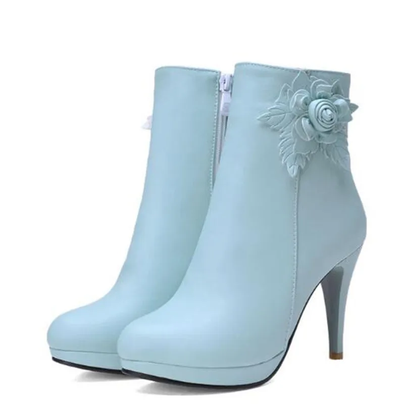 Women Boots Autumn and winter New style fashion Sweet  Flower High-heeled Short boots white Pink Apricot color Wathet size 34-43