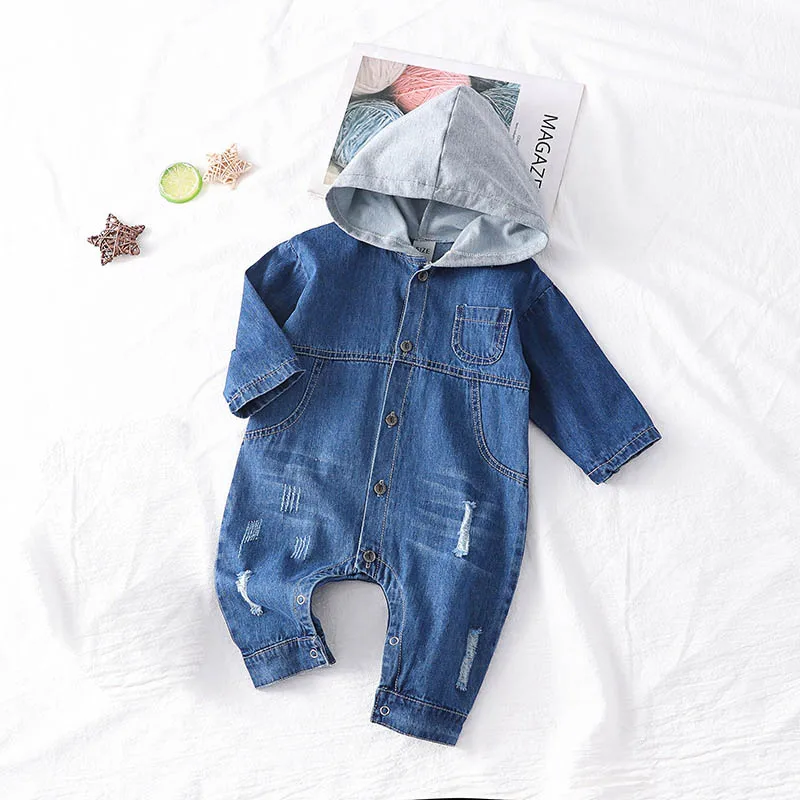 Denim Blue IYEAL/Детский комбинезон для маленьких мальчиков, джинсовый комбинезон с капюшоном и рисунком для маленьких девочек, одежда для малышей, одежда для малышей - Цвет: Denim Blue