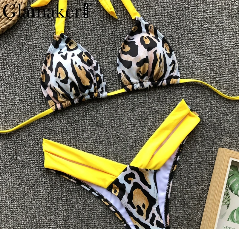 Glamaker сексуальный желтый костюм из двух частей бразильский боди для женщин Леопардовый боди для ребенка Женский Холтер с высоким вырезом летний Боди