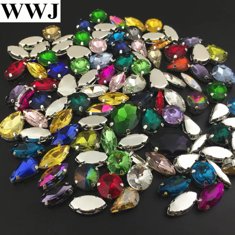 

50pcs Mix colors sizes shapes Sew On Stones Sewing Glass Crystal Beads with silver-claw setting For jewelry,dress decoration