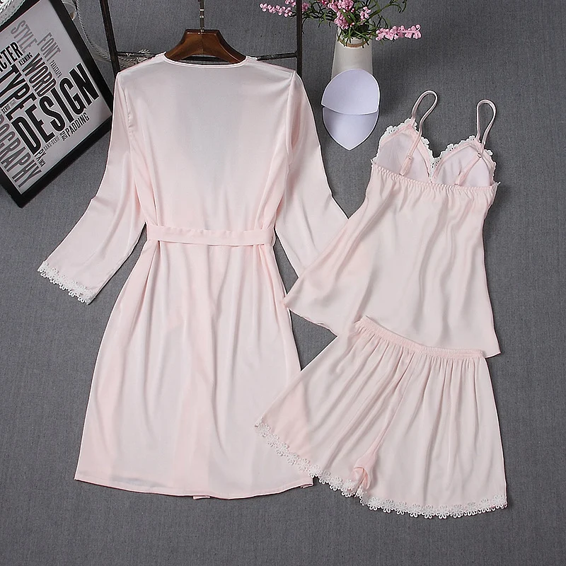 Женское сатиновое кимоно пижама Шорты пижамные наборы 3 шт. шелковые ночнушки