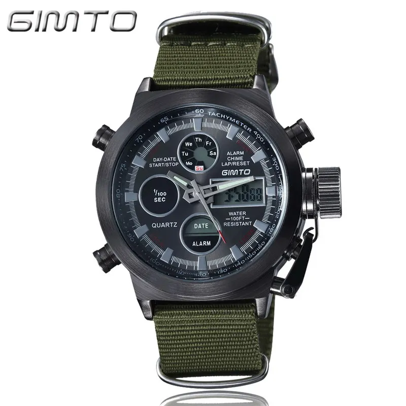 Nylon black Green GIMTO Для мужчин смотреть кварц цифровые спортивные часы Для мужчин кожа нейлон LED Военный армии Водонепроницаемый дайвинг наручные часы Для мужчин часы - Цвет: Nylon black Green