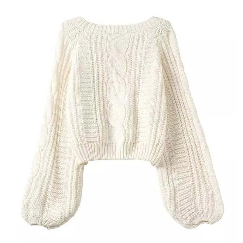 Autumn Short Knitted Sexy Sweater Women Pullover Crop Tops Winter White Lantern Sleeve O-Neck Warm Sweaters Female Pullovers | Женская