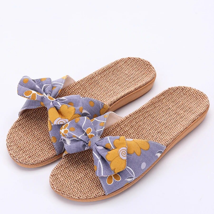 

LCIZRONG Summer 7 Colors Bohemia Hemp Women Slippers Summer Print Flax Butterfly-knot Flat Shoes Non-slip Home Slippers Female