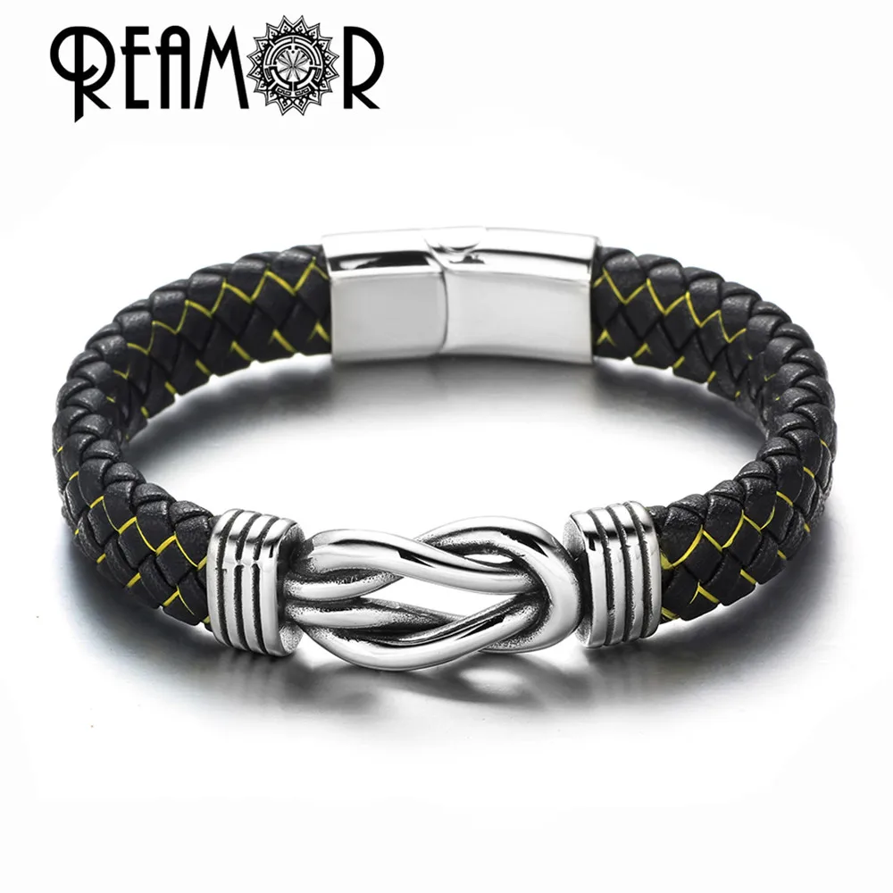 yellow silk REAMOR роскошные мужские шелковые плетеные браслеты из натуральной кожи мужские ювелирные изделия 316L браслет женские браслеты с узлом из нержавеющей стали - Окраска металла: yellow silk