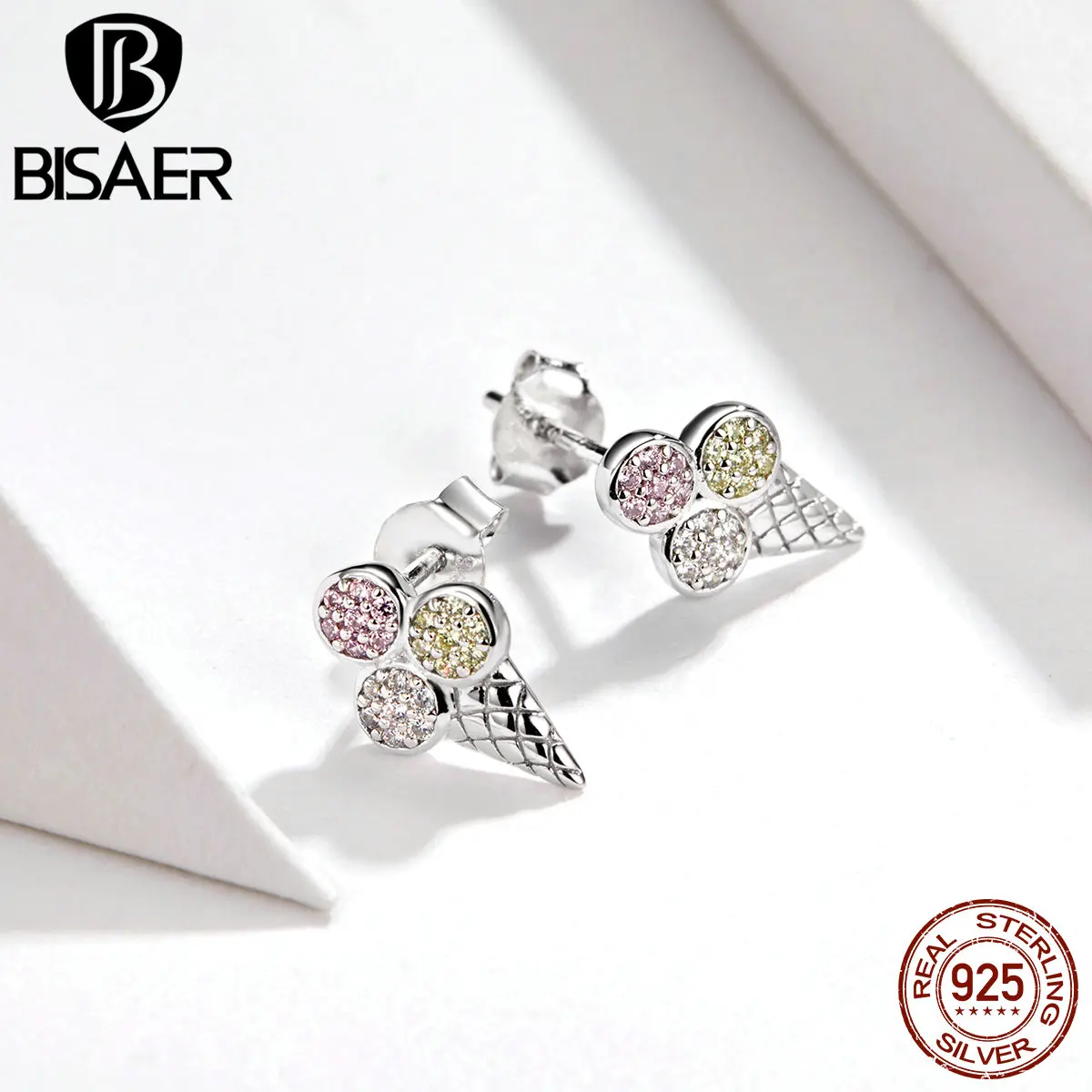 BISAER, 925 пробы мороженого, серебряные, хит лета, мороженое, изысканные маленькие серьги-гвоздики для женщин, ювелирные изделия, ECE642